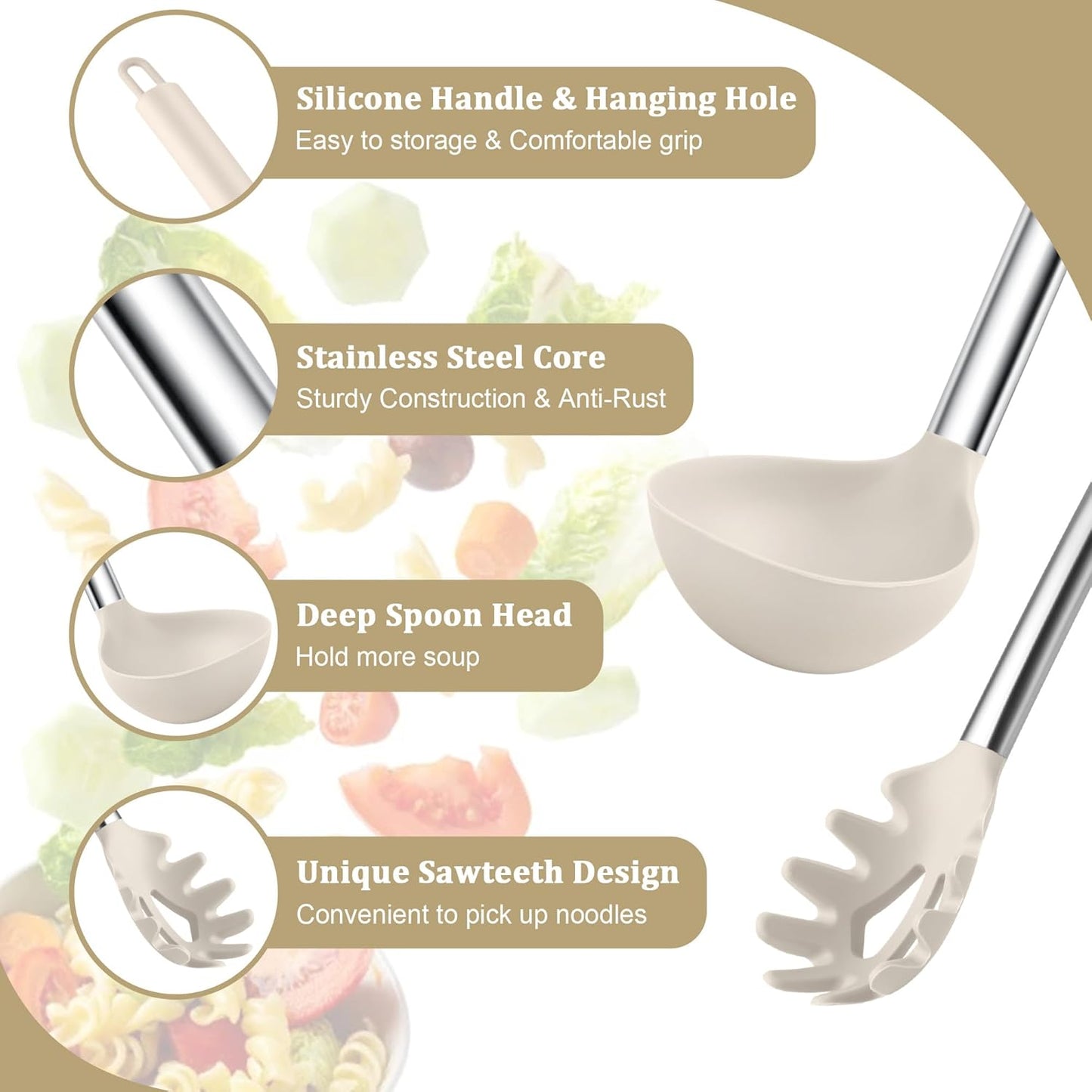 TeamFar Silicone Soup Ladle and Pasta Fork Set, 2 Pcs Large Nonstick Kitchen Cooking Utensils with Stainless Steel Handle for Draining, Serving Soup, Sauce, Spaghetti, Non-Toxic & Heat-Proof, Khaki