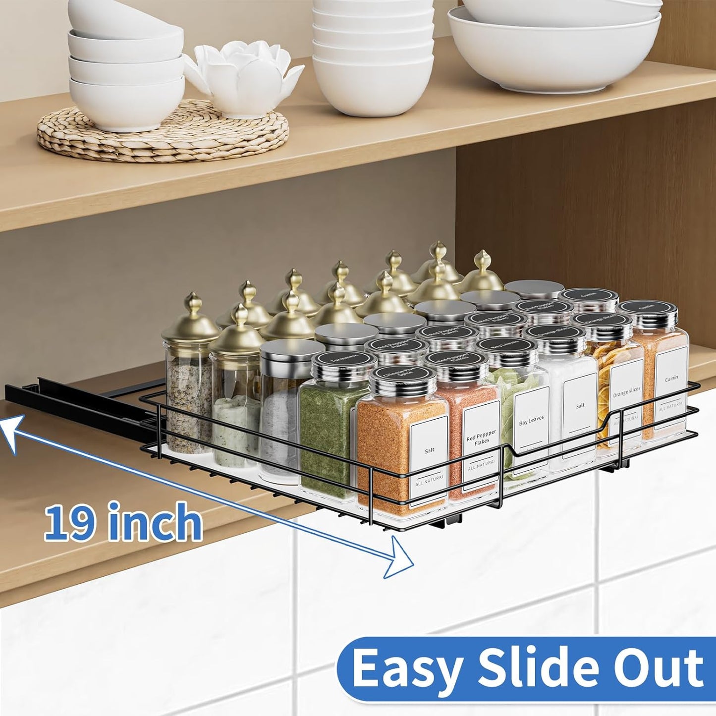 Spice Rack Organizer for Cabinet, 1 Tier Pull Out Spice Rack, Spice Organizer for Cabinet, Kitchen and Pantry, Fits Spices, Sauces, Canned Food (12.5''Wx10.5''Dx2.5''H)