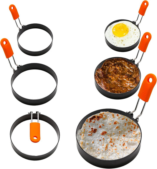 6Pcs Egg Ring Pancake Ring Stainless Steel Omelet Molds Set, Pancake Shapers with Silicone Handle for Breakfast Used to Make Pancakes, Sandwiches, Burgers (Round Style,4 Inch, 6 Inch, 8 Inch)
