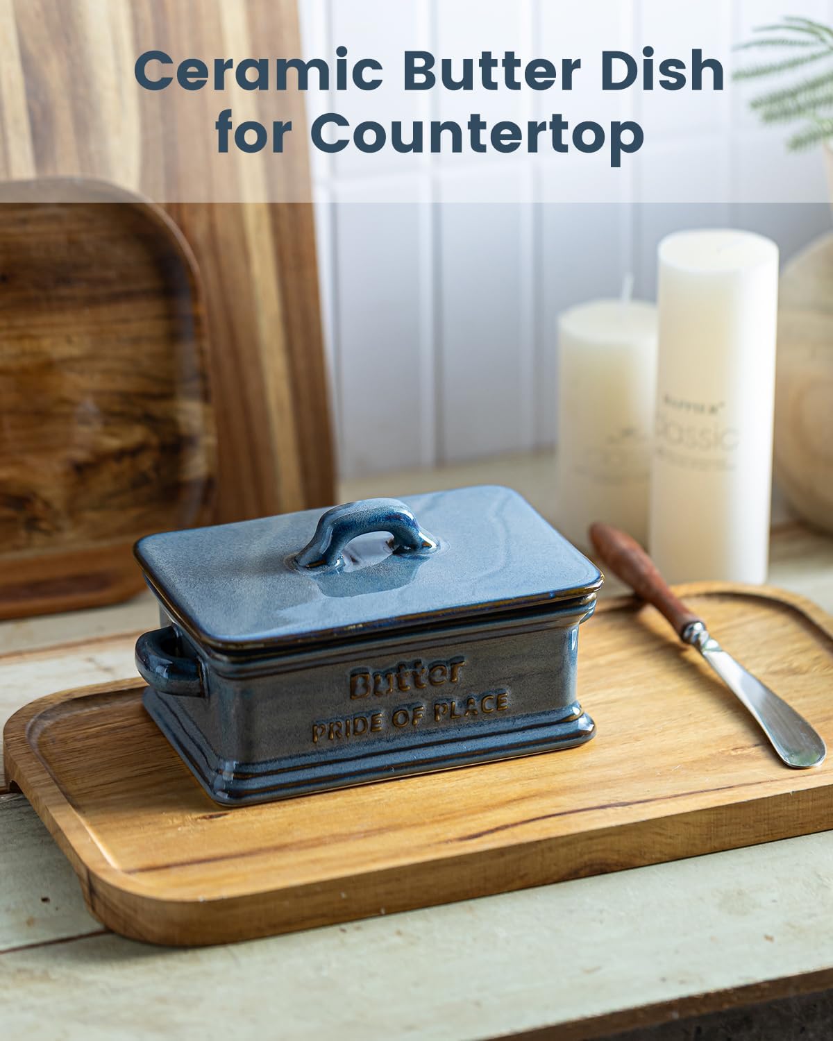 Butter Dish with Lid, Porcelain Butter Dish for Countertop Large Butter Keeper Butter Holder Container for East West Coast Butter, Blue