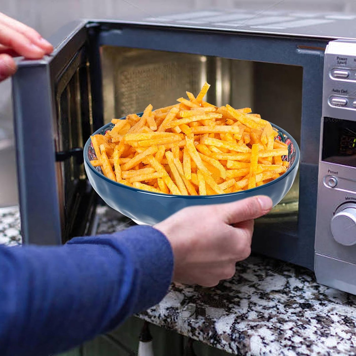 75 Oz Serving Bowls,2 Pack Bohemian Style Large Porcelain Dishes for Entertaining Parties,Big Bowls for Eating Soup, Salad, Pasta, Fruit, Chips, 10.3 Inch Diameter (blue Beige)