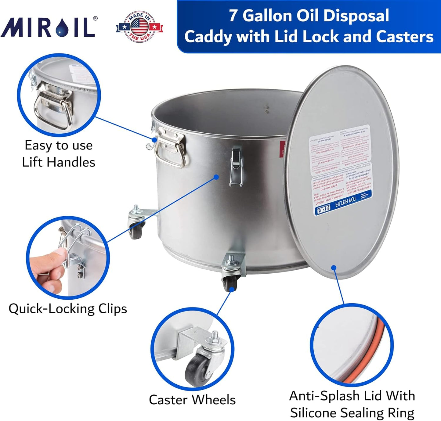 MirOil 7 Gallon Oil Disposal Caddy with Caster Wheels, USA Made Deep Fryer Grease Bucket Pot with Lid Lock & Lock Clip, 55Lb. Frying Oil Disposal Storage Container, Filtering Hot Cooking Grease - 60LC
