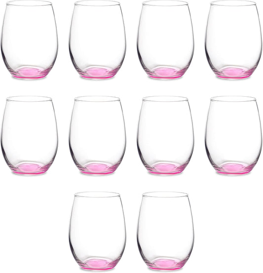 DISCOUNT PROMOS Stemless Wine Glasses in Bulk by ARC Perfection, 15 oz, 10 pack, Red or White Wine Glass Set, Pink