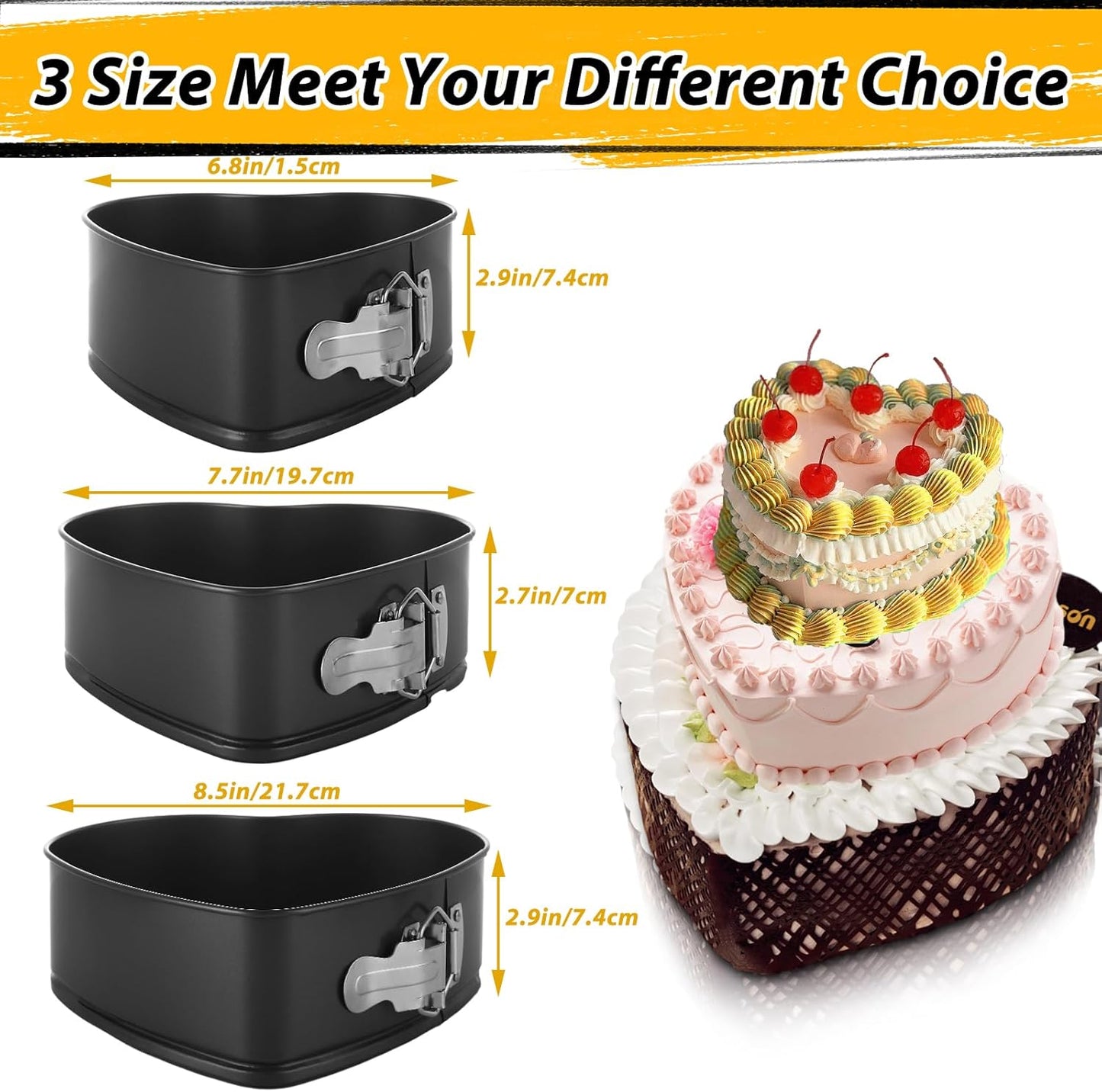 Springform Pan Set of 3 Heart Cake Pan, Heart Springform Pan with Removable Bottom, Springform Cake Pans Non-stick Bakeware for Cheesecakes, Pizza, and Quiches (7, 7.8, 8.6 inch)
