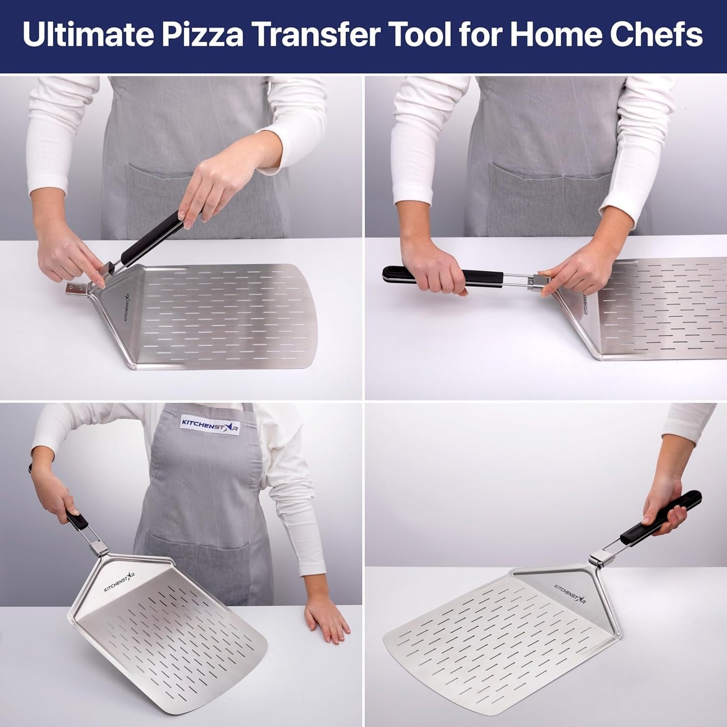 KitchenStar Perforated Pizza Peel 12 inch with 10 inch Folding Handle, Medium - Stainless Steel Spatula Paddle for Effortless Pizza Transfer & Easy Storrage - Outdoor Pizza Oven Accessories