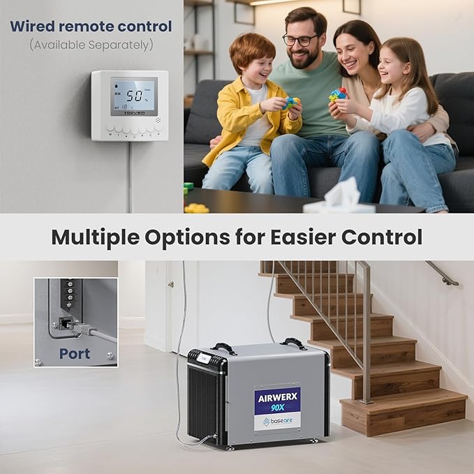 BaseAire AirWerx90X Energy Star Dehumidifier for Crawl Space Basement, 198 Pints Commercial Dehumidifier with Pump, 5 Years Warranty, Intelligent Humidity Control, Auto Shut off/Restart