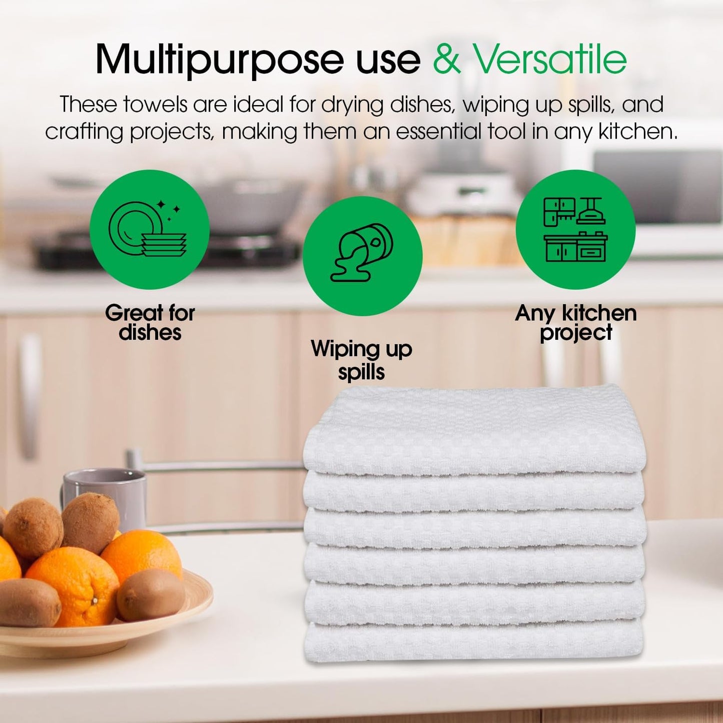 DG Collections Terry Dish Towels, 100% Cotton Kitchen Towels, Set of 6 (18x28 inch) Hand Towels - 400 GSM, Absorbent Terry Cloth Dish Towels for Kitchen, Soft Tea Towels - White Color