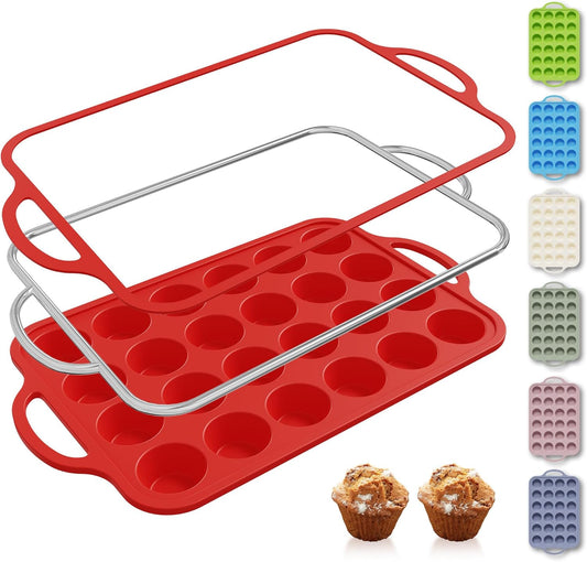 24 Cups Silicone Muffin Pan with Metal Reinforced Frame Mini Size Cupcake Pan Tray Egg Bites Silicone Circle Cookie Molds Muffin Tin Tart Pans Baking Sheet Set for Breakfast Sandwiches Round