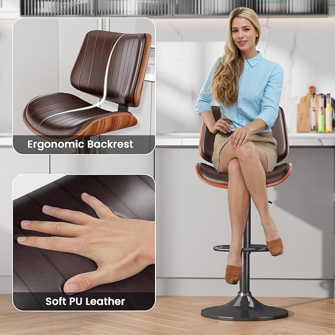 Swivel Bar Stools Set of 4, Adjustable Bentwood Barstools for Kitchen Counter, Modern PU Leather Upholstered Bar Chair with Back and Footrest, for Kitchen Island, Bar, Dining Room, Brown