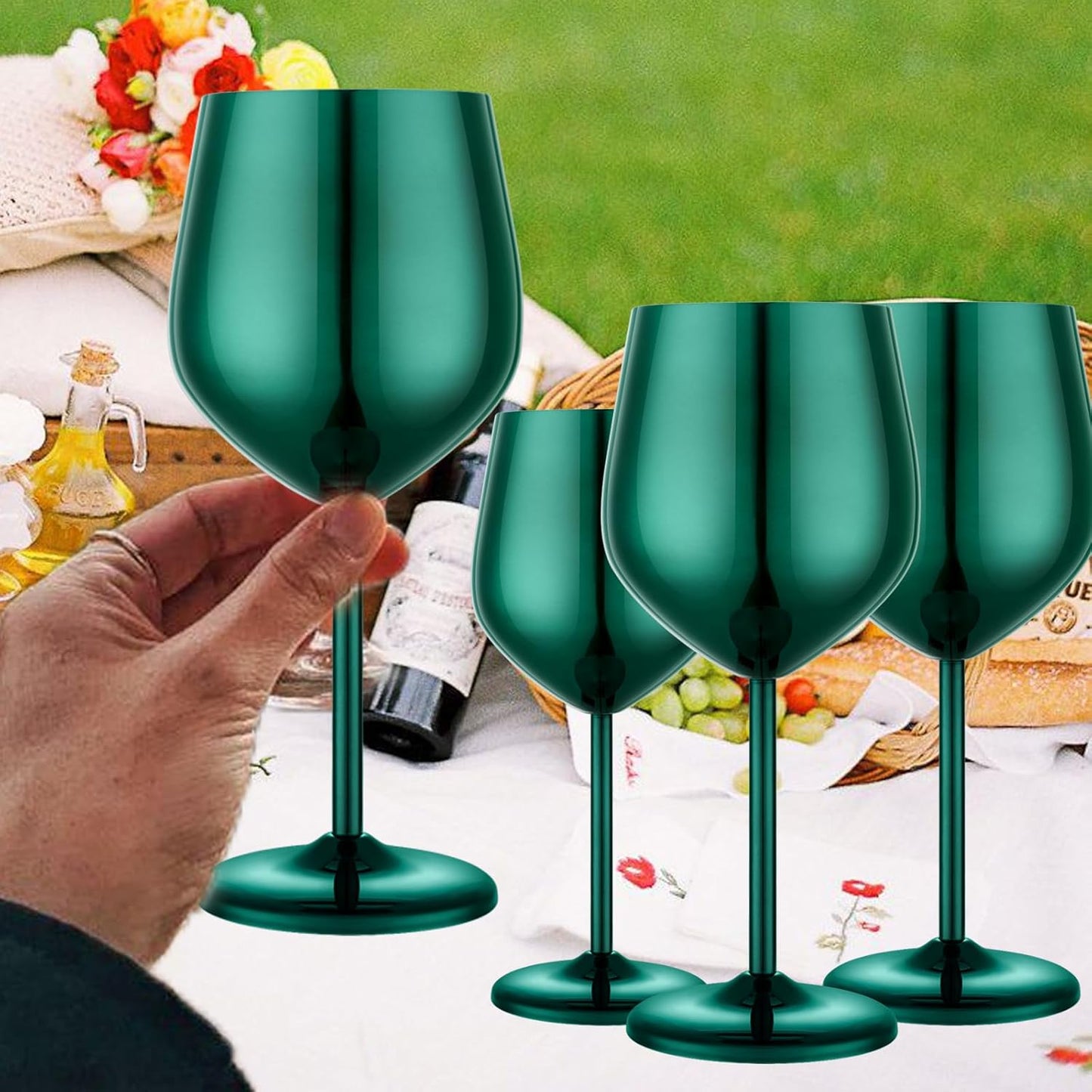 Stainless Steel Wine Glasses Set of 4 Unbreakable Green Wine Glass 18 oz Unique Metal Wine Goblets for Outdoor, Travel, Camping, Pool, Ideal Gift for Wine Lovers