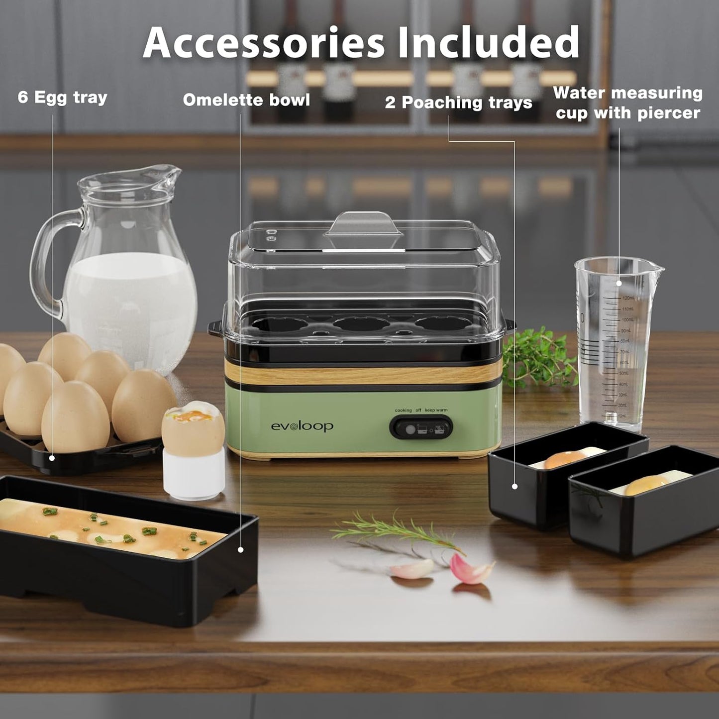 Rapid Egg Cooker Electric 6 Eggs Capacity, Soft, Medium, Hard Boiled, Poacher, Omelet Maker Egg Poacher With Auto Shut-Off, BPA Free (Green)