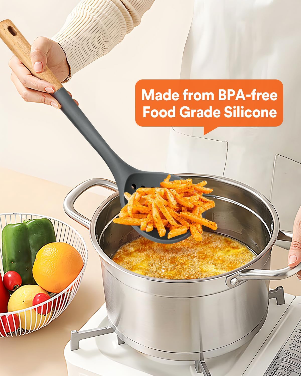 Kitchen Ladle Strainer, Large Slotted Spoon with High Heat Resistant BPA Free, Non Stick Cooking Skimmers For Draining & Frying, 13.2inch (Grey)