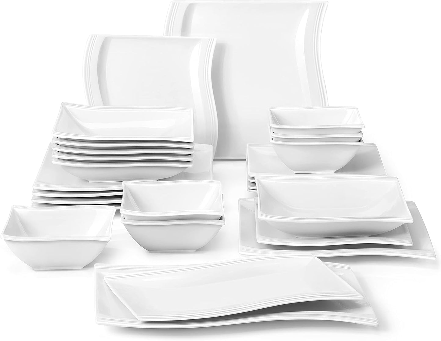 MALACASA Plates and Bowls Sets, 26 Pieces Ivory White Porcelain Dinnerware Sets without Mugs, Square Dinnerware with Dinner Plates, Bowls and Serving Platters, Modern Dish Set for 6, Series Flora