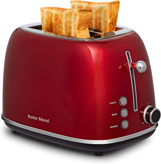 2 Slice Toaster Retro Stainless Steel with Bagel, Cancel, and Defrost Functions, 6 Bread Shade Settings, Extra Wide Slots and Removable Crumb Tray, Red