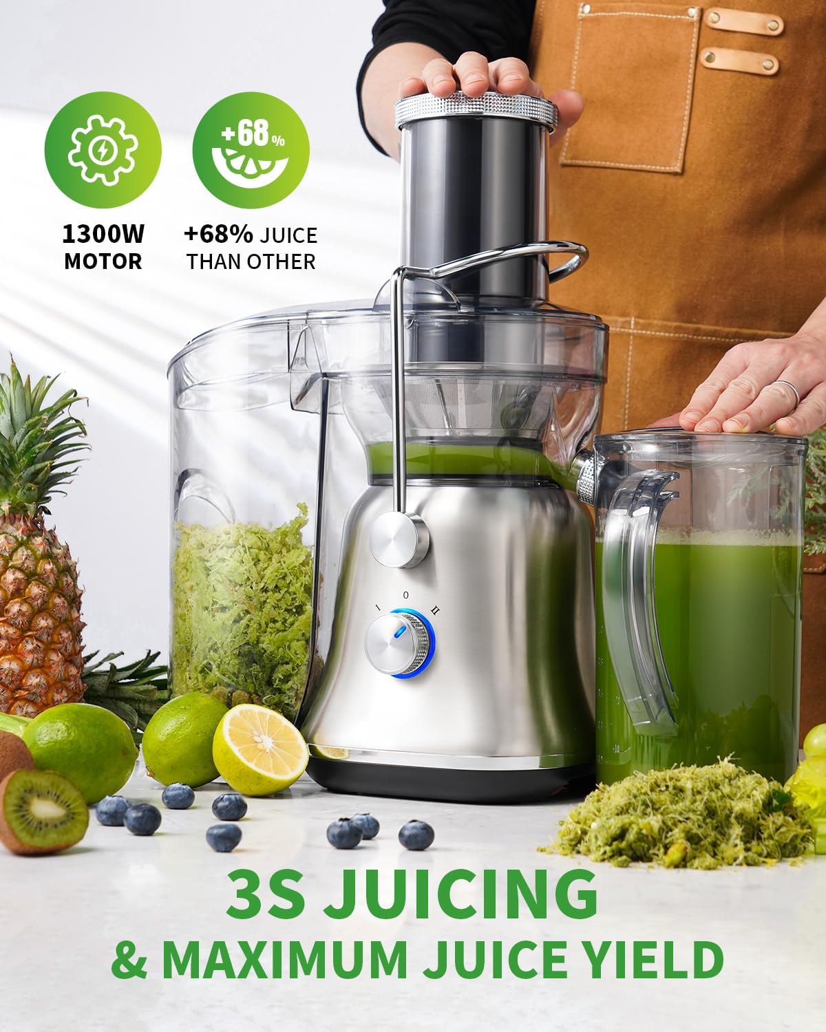 GDOR 1300W Powerful Juicer with Larger 3.4" Feed Chute, Titanium Enhanced Cutting System, Centrifugal Juice Extractor Maker with Heavy Duty Full Copper Motor, Dual Speeds, BPA-Free, Silver