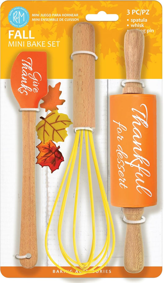 R&M Fall Holiday 3 Piece Mini Bake Set – Spatula, Whisk & Rolling Pin – Thanksgiving Baking Gift for Kids and Home Bakers