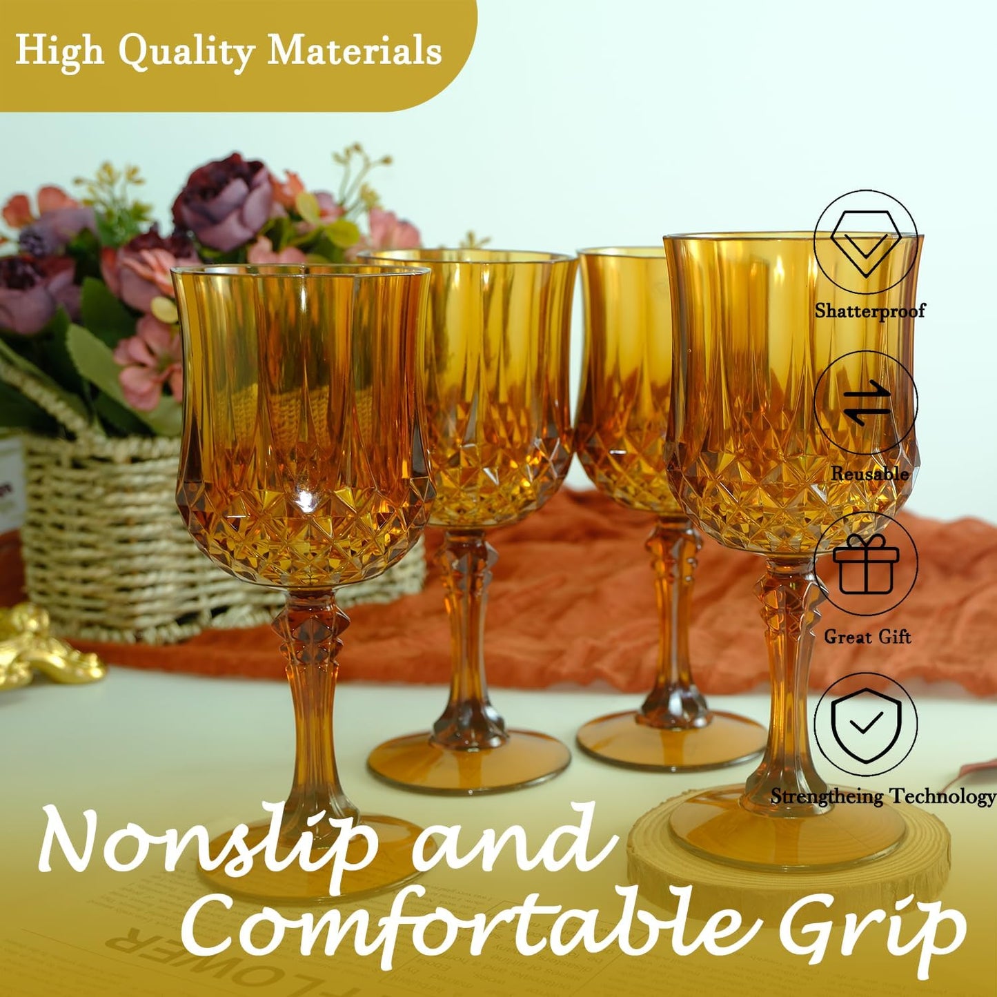 Plastic Wine Glasses，Plastic Goblets Vintage Style Cordial Drinking Glasses for Wedding Reception, Grand Event Party Supplies (24, Amber)