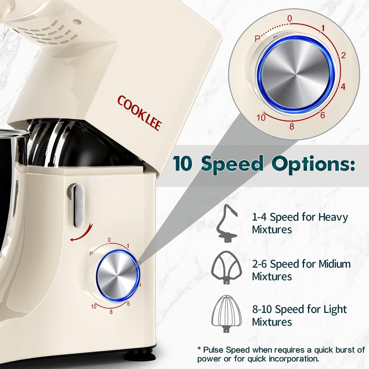 COOKLEE Stand Mixer, 9.5 Qt. 660W 10-Speed Electric Kitchen Mixer with Dishwasher-Safe Dough Hooks, Flat Beaters, Wire Whip & Pouring Shield Attachments for Most Home Cooks, White