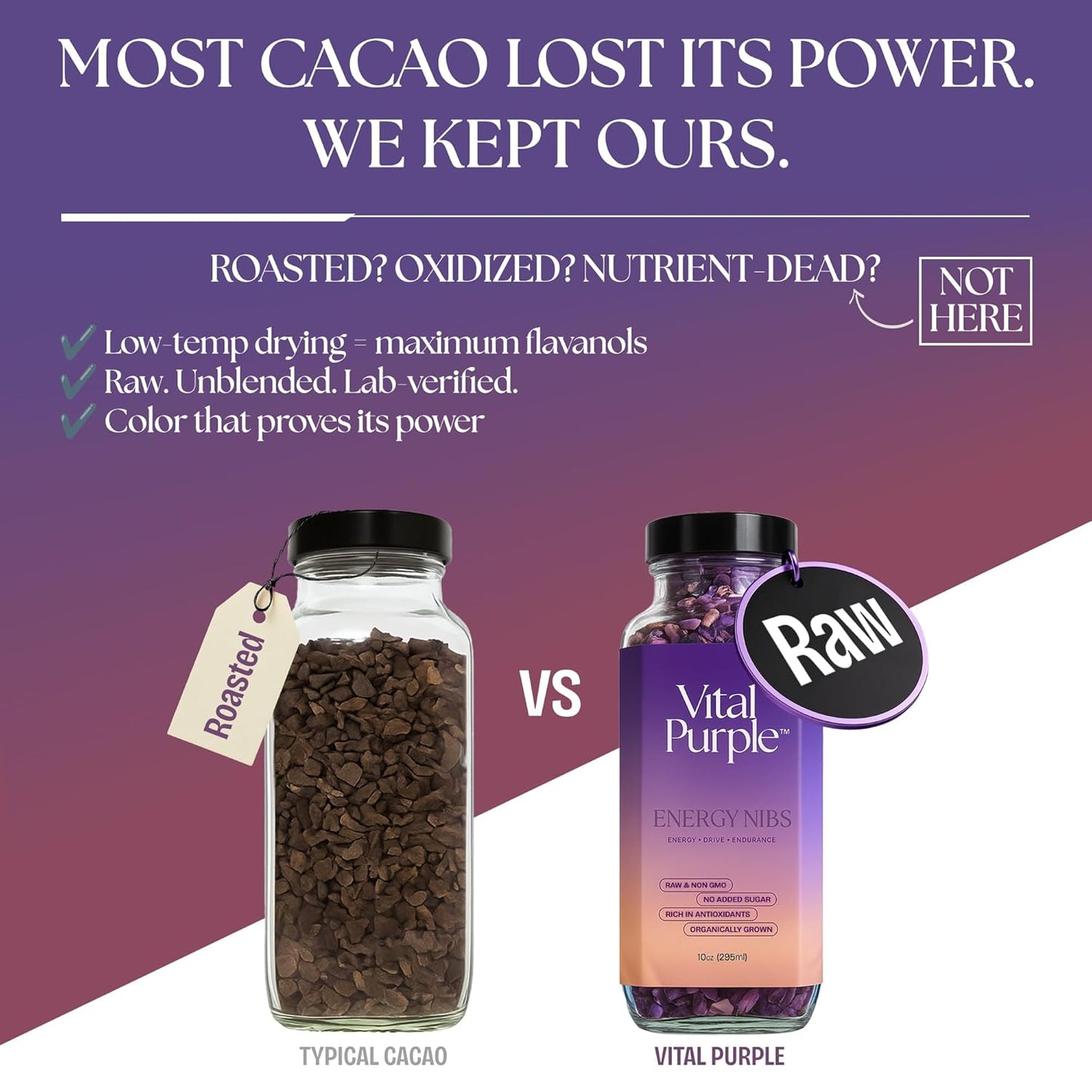 Vital Purple High Flavonal 100% Raw Cocoa Energy Nibs – 900mg Flavanols, Purple Cacao, Unroasted & Unfermented - Clean Fuel for Performance & Recovery (10 oz)