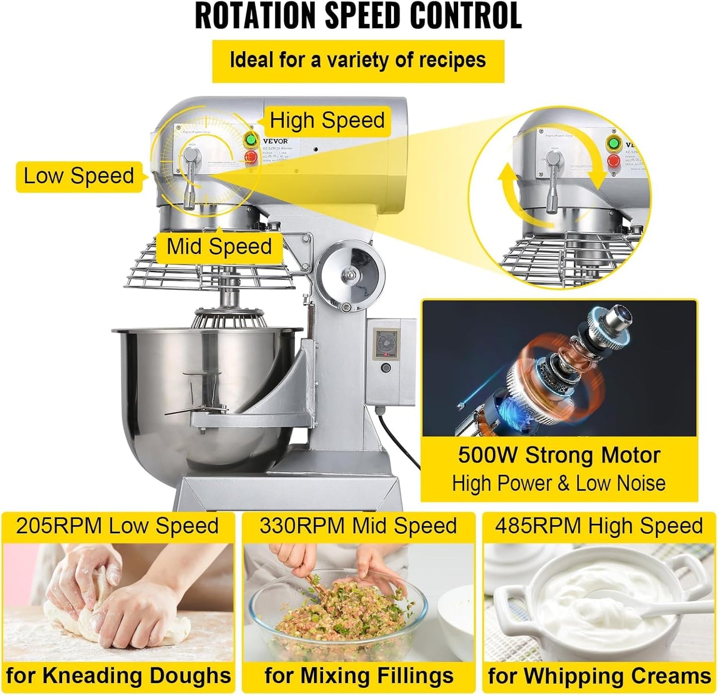 Happybuy 10Qt Commercial Food Mixer with Timing Function， Commercial Mixer 500W Stainless Steel Bowl Heavy Duty Electric Food Mixer Commercial with 3 Speeds Adjustable, Perfect for Bakery Pizzeria