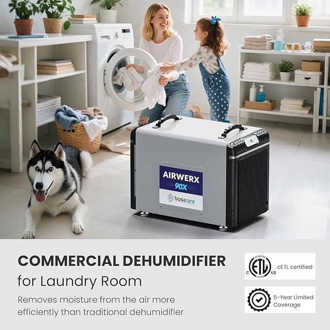 BaseAire AirWerx90X Energy Star Dehumidifier for Crawl Space Basement, 198 Pints Commercial Dehumidifier with Pump, 5 Years Warranty, Intelligent Humidity Control, Auto Shut off/Restart
