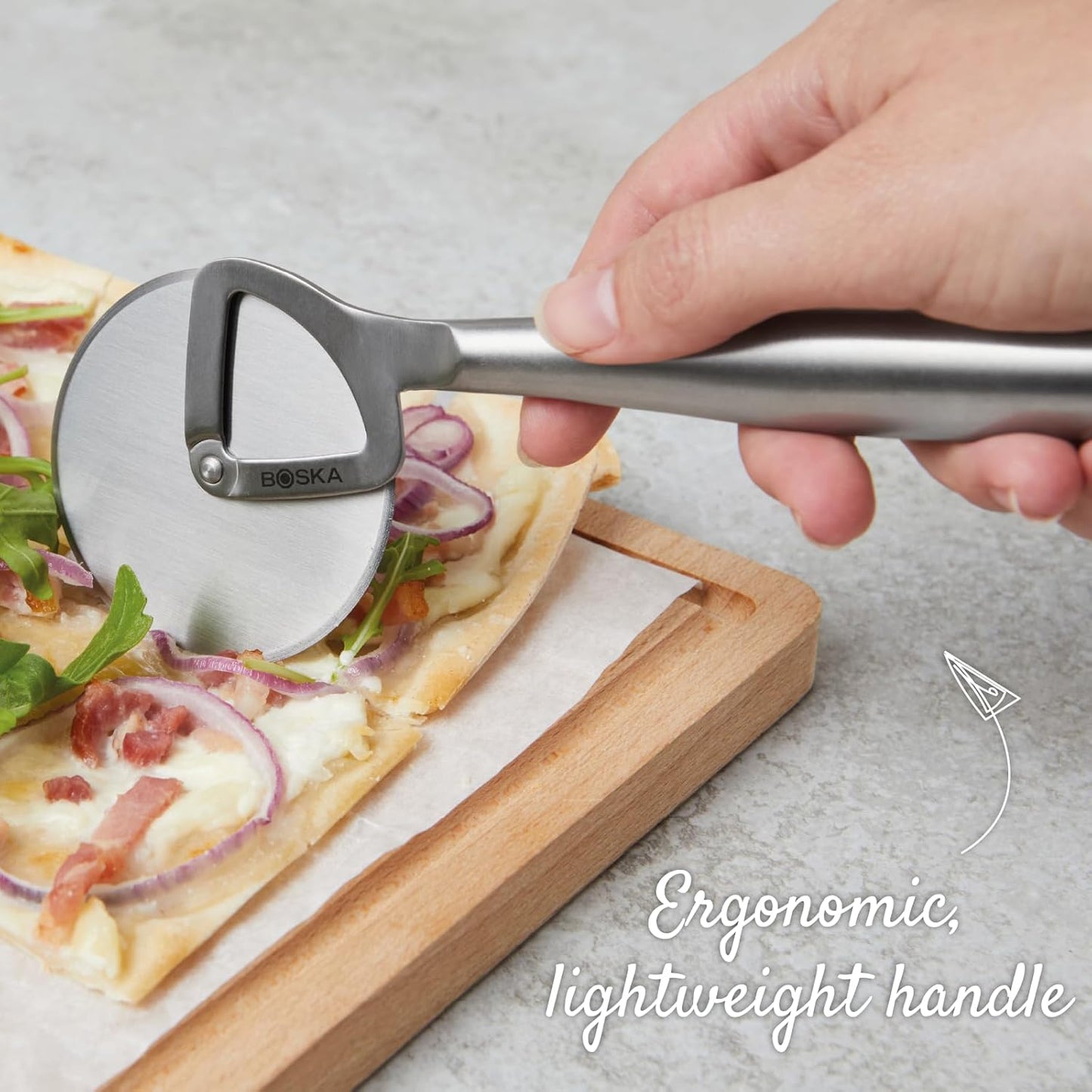 Boska Stainless Steel Pizza Cutter - Copenhagen Multifunctional Pizza Wheel Cutter - Handheld Food Slicer - Silver Non-Stick Adjustable Roller - Dishwasher Safe - For Kitchen Cooking