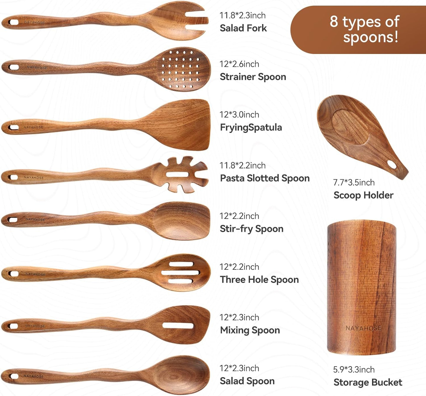 Wooden Spoons for Cooking with Holder,10Pcs Wooden Kitchen Utensil Set Non stick, Non Scratch Natural Teak Wooden Utensils for Cooking