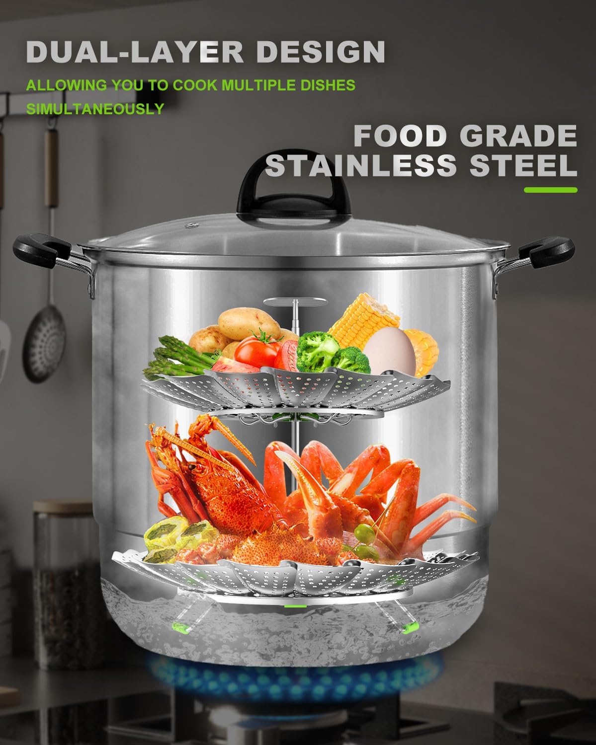 Double Layer Steamer Basket for Cooking - Large Capacity 2-in-1 Stainless Steel Vegetable Steamers, Expandable 5.4-11 Inches Adjustable Steamer Insert for Pots/Instant Pot, Dual Layer Steamers for Baby Food/Seafood/Dumplings