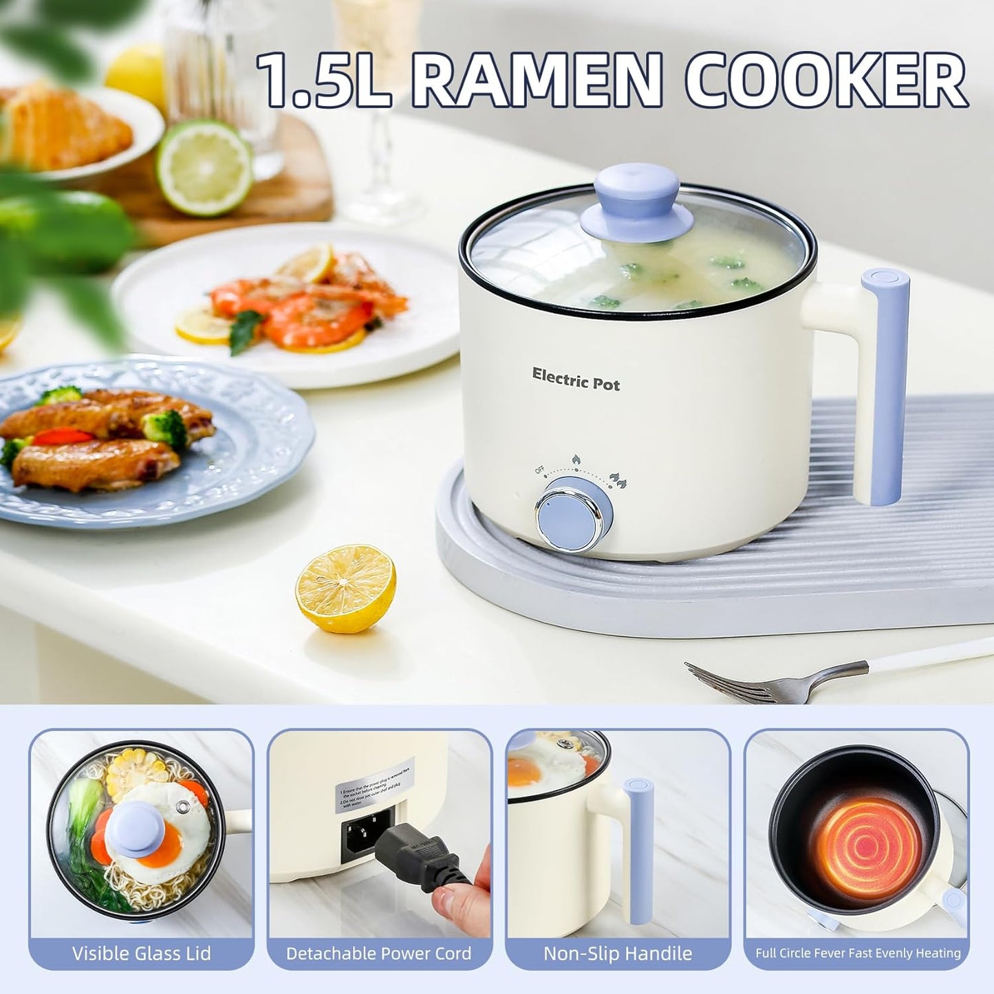 Electric Hot Pot:1.5 L Ramen Cooker, Dual Power Mini Portable Multi-Functional Lazy Pot for Pasta, Noodles, Egg, Soup, Non-Stick Noodle Cooker with Boil Dry Protection for Dorm, Office (Beige)