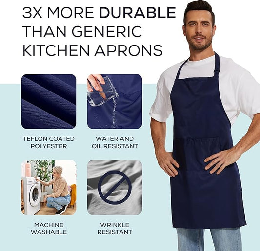 Will Well Kitchen Apron for Men and Women - 33" x 27" Oil-and-Water-Resistant with Adjustable Neck Strap and 38" Waist Ties for a Snug Fit, Lightweight with 2 Front Pockets - 6-Pack, Navy