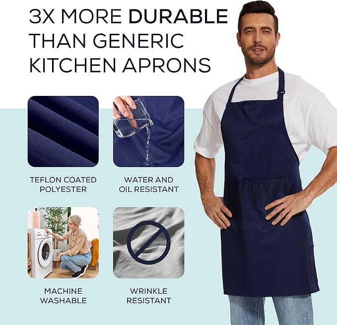 Will Well Kitchen Apron for Men and Women - 33" x 27" Oil-and-Water-Resistant with Adjustable Neck Strap and 38" Waist Ties for a Snug Fit, Lightweight with 2 Front Pockets - 2-Pack, Navy