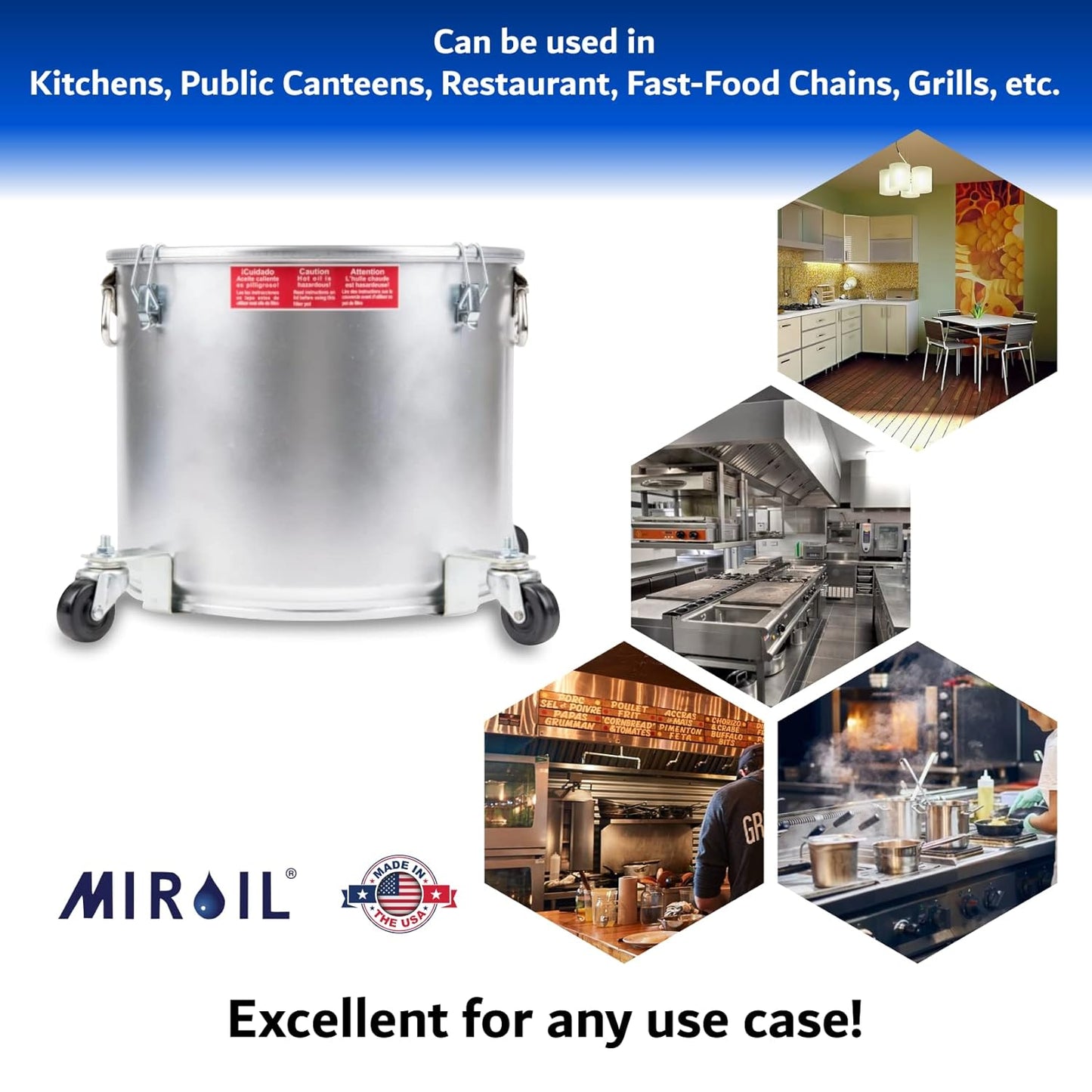 MirOil 7 Gallon Oil Disposal Caddy with Caster Wheels, USA Made Deep Fryer Grease Bucket Pot with Lid Lock & Lock Clip, 35Lb. Frying Oil Disposal Storage Container, Filtering Hot Cooking Grease - 40LC