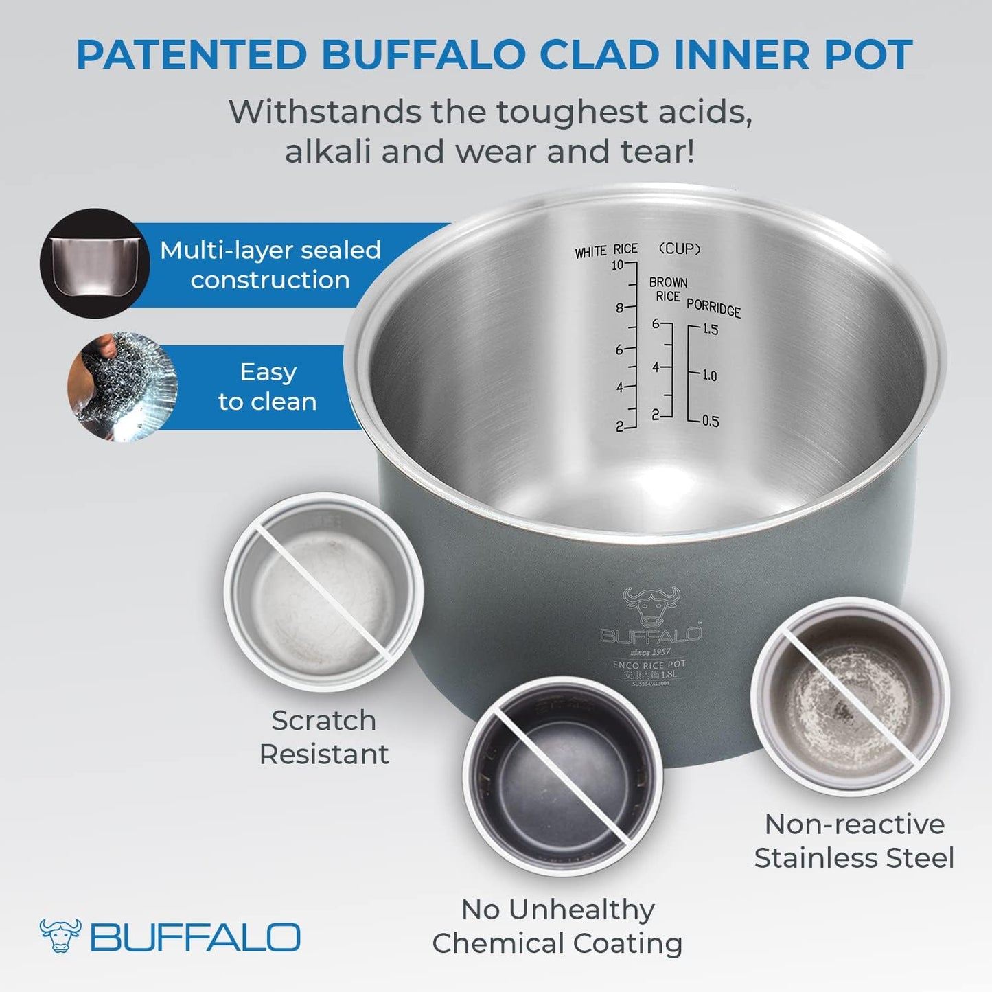 Buffalo Classic Rice Cooker with Clad Stainless Steel Inner Pot - Electric Rice Cooker for White/Brown Rice, Grain - Easy-to-clean, Non-Toxic & Non-Stick, Auto Warmer (10 Cup)