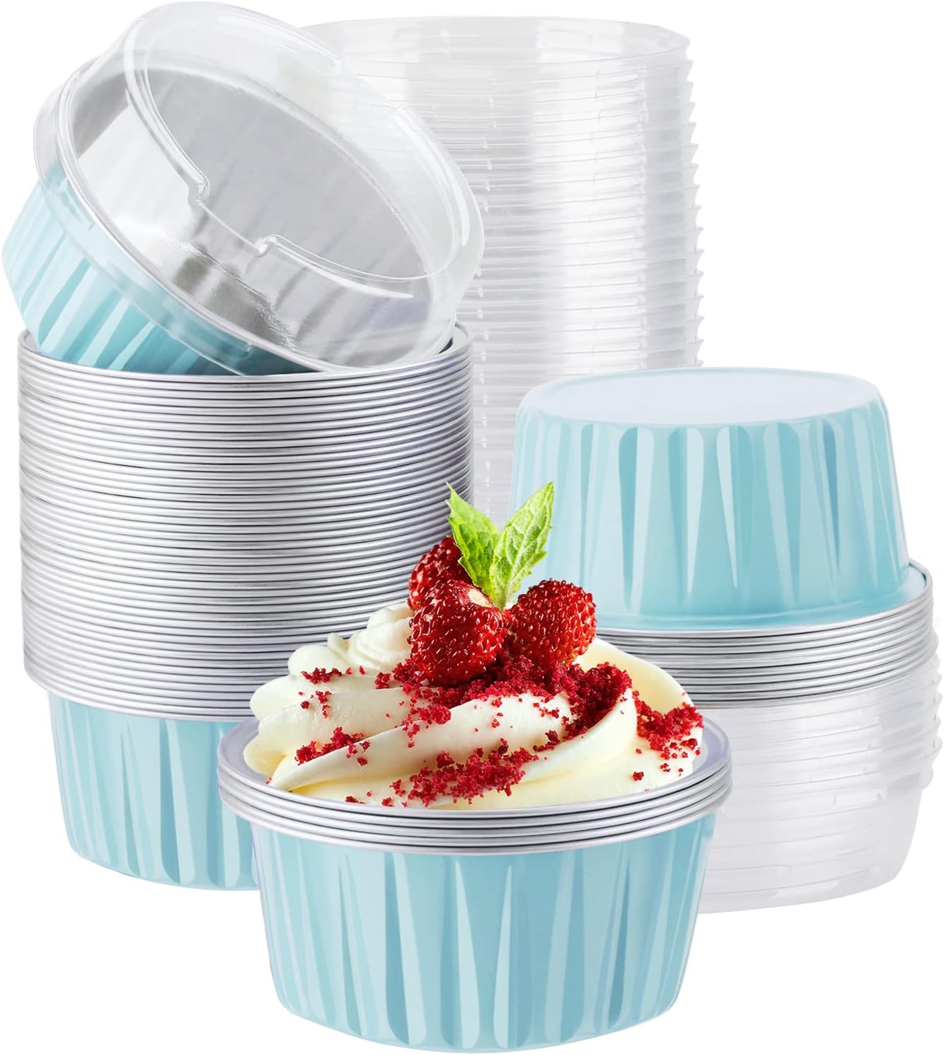 EUSOAR Disposable Ramekins with Lids, Lake Blue 60Packs 5oz Aluminum Foil Mini Muffin Liners, Dessert Cheesecake Pan Creme Brulee Cupcake Ramekins Containers for Catering Gathering Club Wedding Party