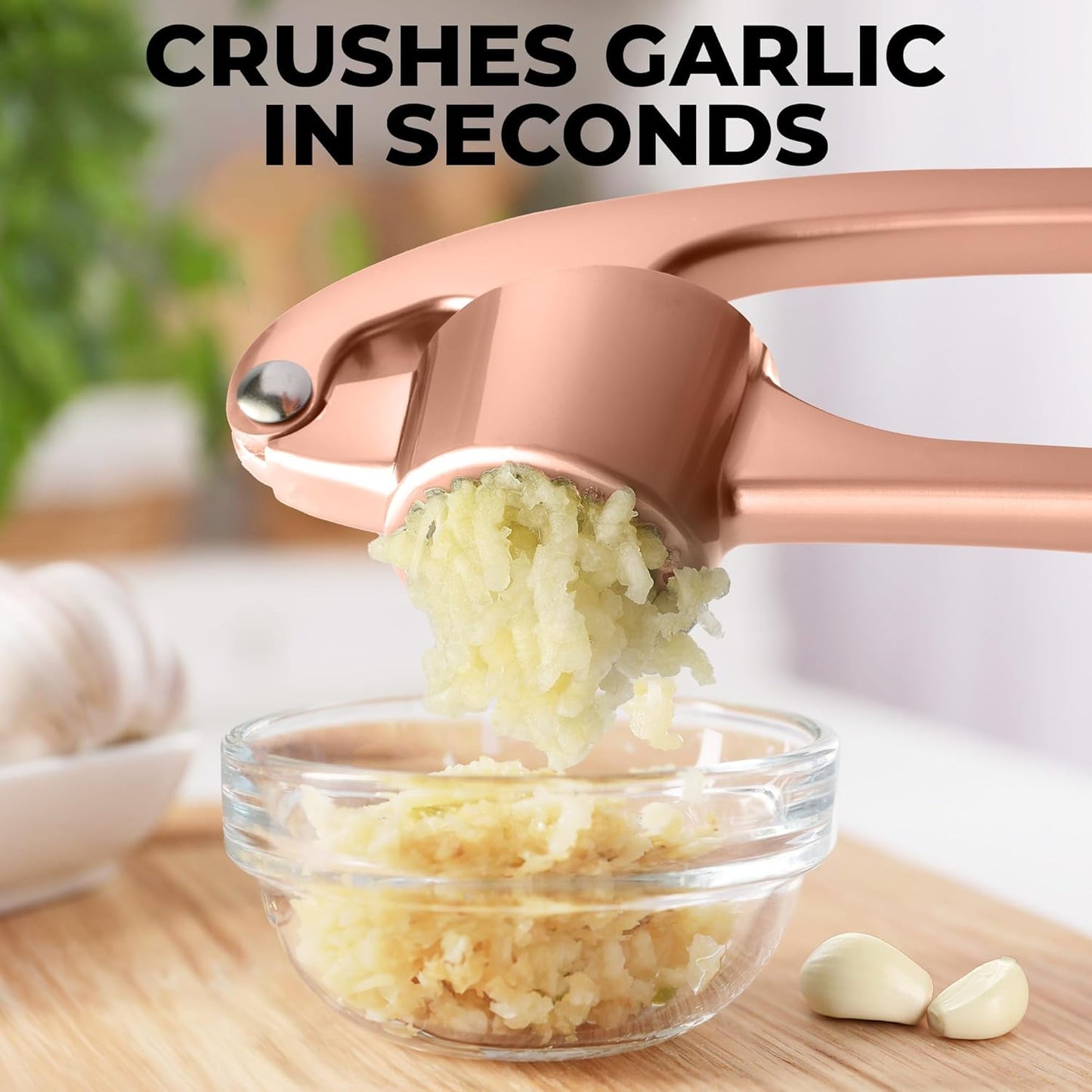 Zulay Kitchen Large Premium Garlic Press Set - Bigger Bowl for Bigger Garlic - Rust Proof & Dishwasher Safe Garlic Mincer Tool - Easy-Squeeze, Easy-Clean Silicone Garlic Peeler & Brush (Rose Gold)