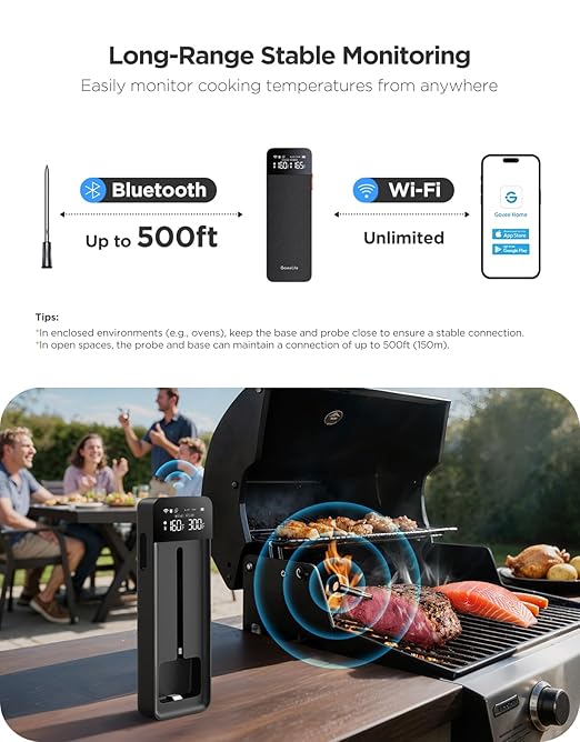 GoveeLife Bluetooth Wireless Meat Thermometer with Standalone Digital Base, WiFi Unlimited Range, ±1.8℉ Accuracy, IP68 Waterproof Real Time Monitoring Probes for Kitchen, BBQ, Grill, Oven, Smoker