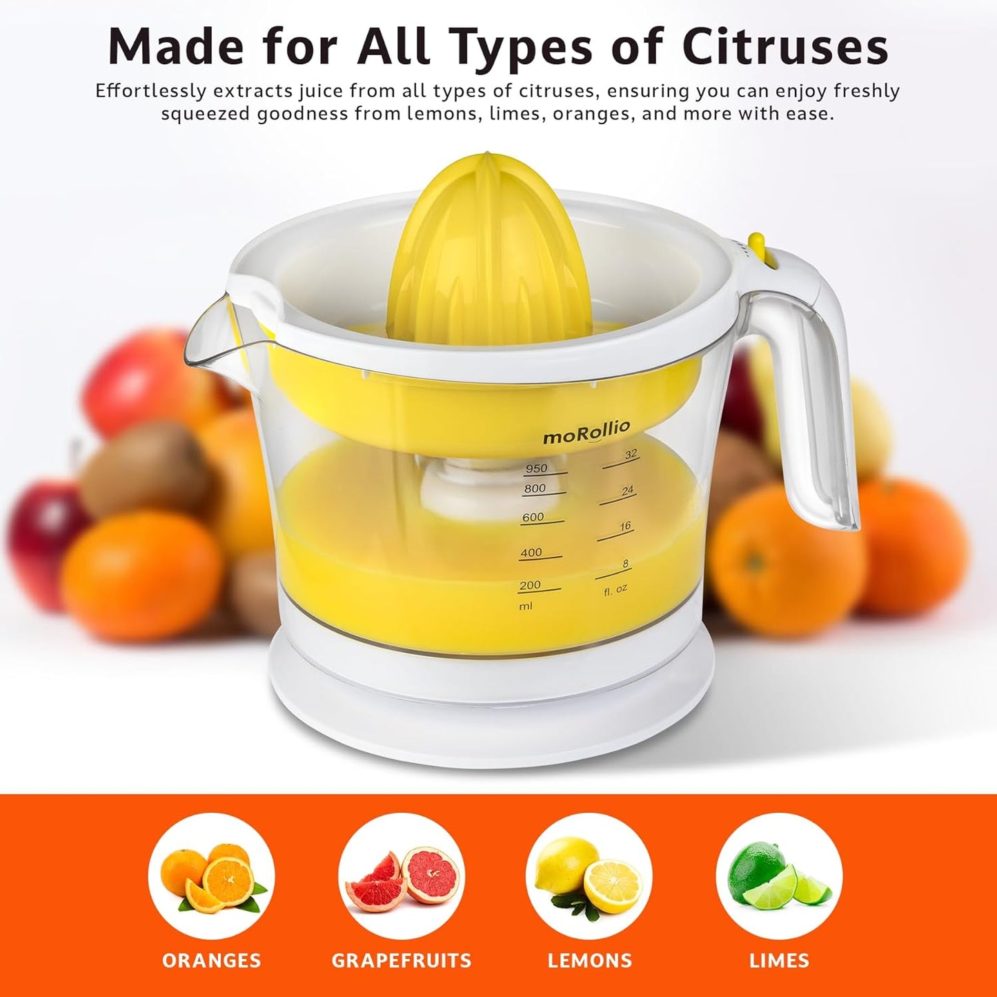 Citrus Juicer, Orange Juicer | Electric Citrus Juice Squeezer with Adjustable Pulp Control, 32oz | for Oranges, Grapefruits, Lemons and Limes
