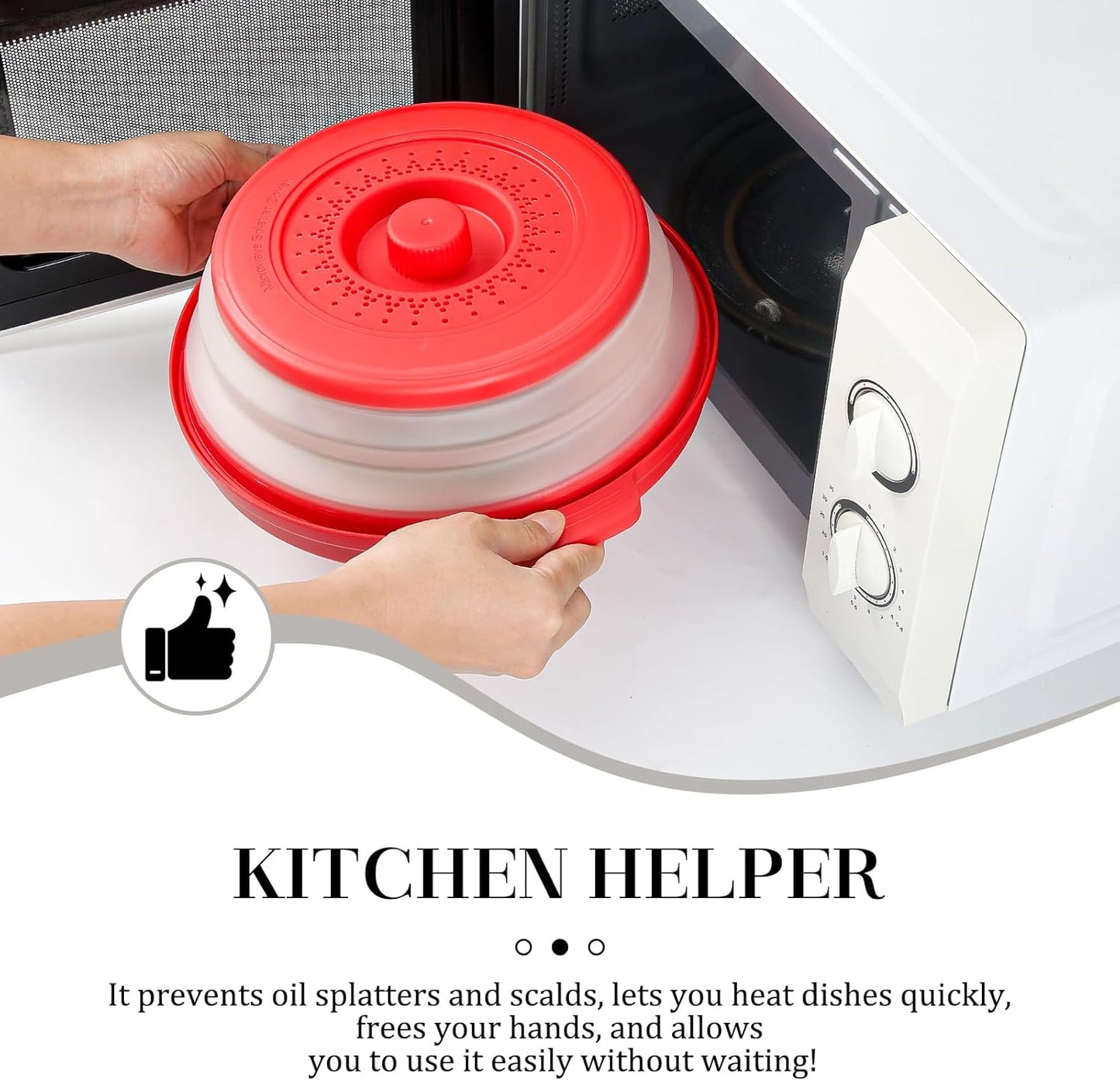 10.7 Inch Microwave Food Cover with Heat Insulation Mat, Anti-Scald Collapsible Microwave Splatter Cover, Multi-Functional as Colander & Fruit Plate, Dishwasher Safe, Ideal for Meal Prep (Red)