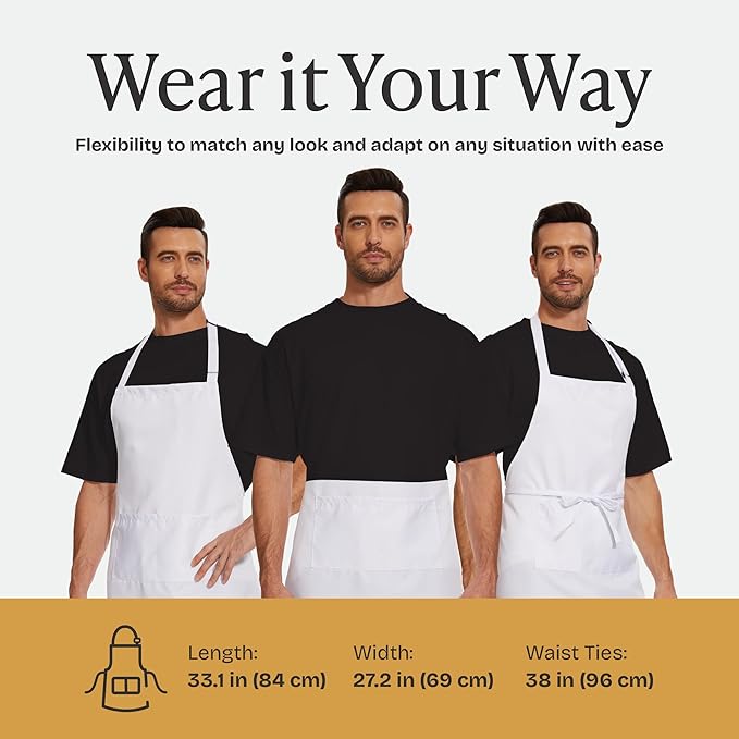 Will Well Kitchen Apron for Men and Women - 33" x 27" Oil-and-Water-Resistant with Adjustable Neck Strap and 38" Waist Ties for a Snug Fit, Lightweight with 2 Front Pockets - 1-Pack, White