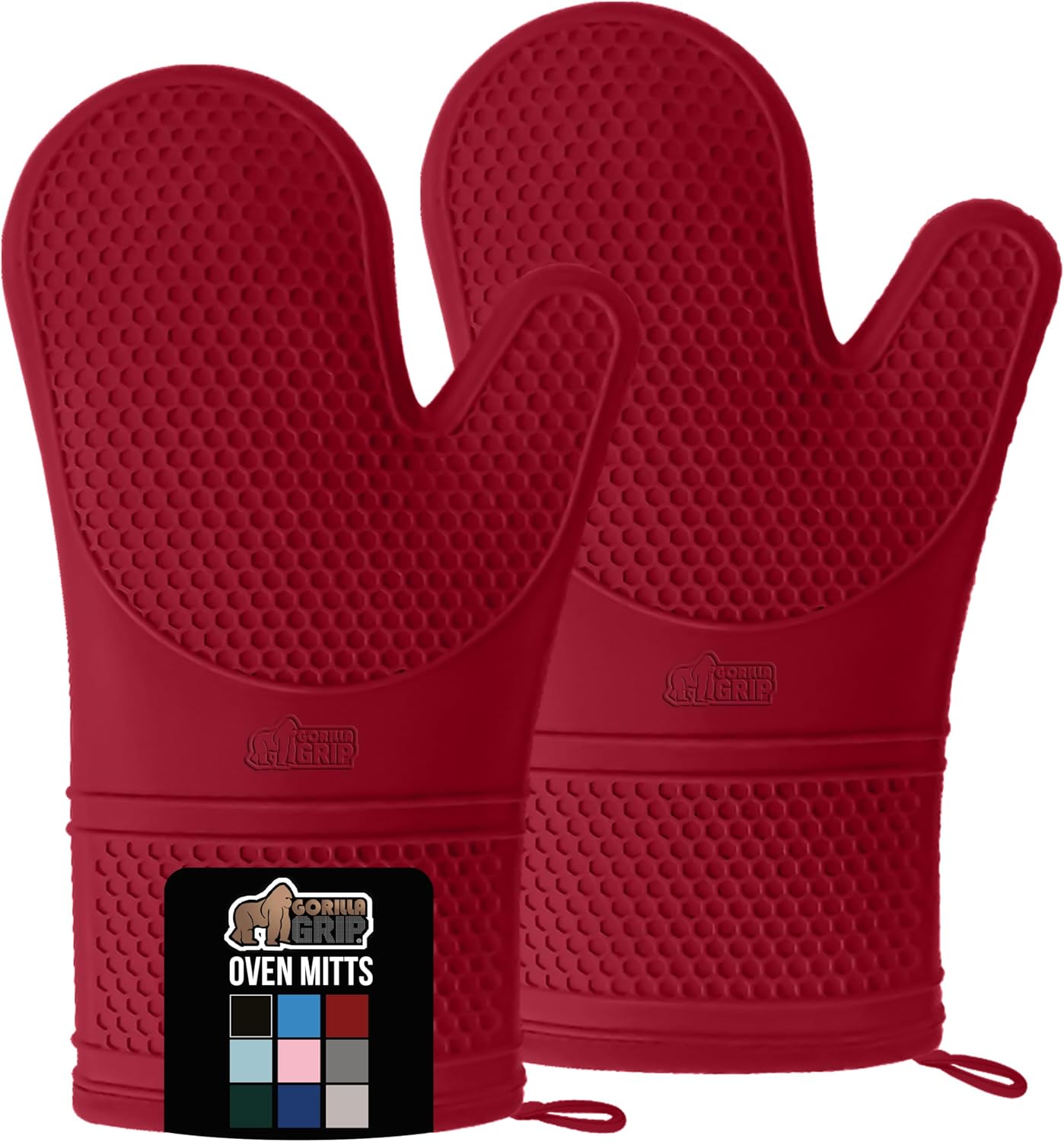 GORILLA GRIP BPA-Free Soft Silicone Oven Mitts, Heat Resistant and Waterproof Cooking Gloves, Thick Cotton Lining, Flexible Gripping for Baking Grilling, Kitchen Potholders Set of 2, 12.5x8.3, Red
