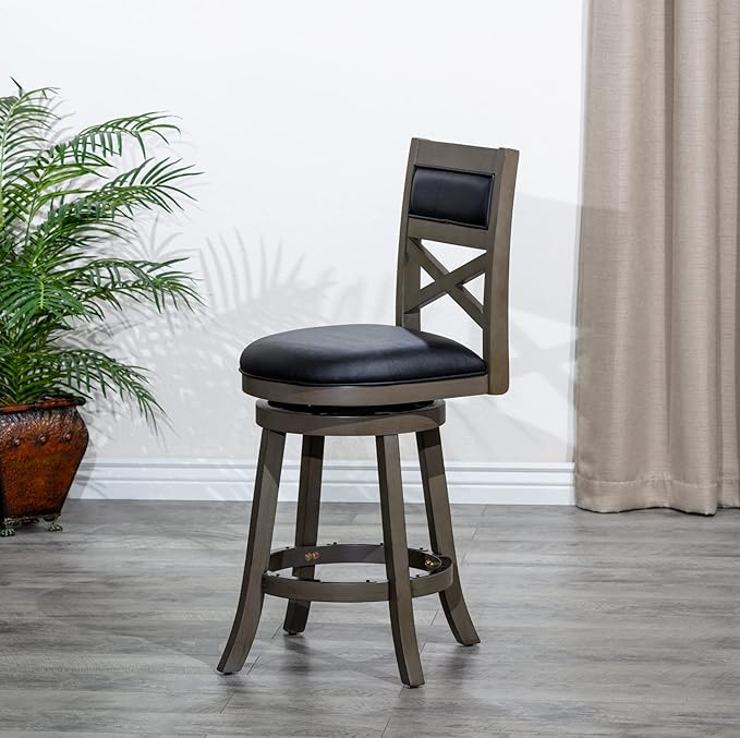DTY Indoor Living Meeker X Back Fabric Swivel Stool, 30” Bar Height, Weathered Grey Finish, Black Leather Seat