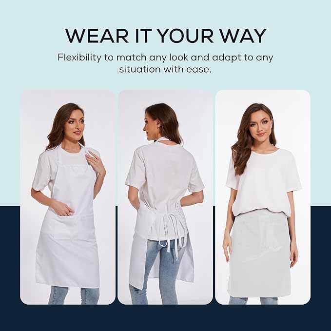 Will Well Kitchen Apron for Men and Women - 33" x 27" Oil-and-Water-Resistant with Adjustable Neck Strap and 38" Waist Ties for a Snug Fit, Lightweight with 2 Front Pockets - 2-Pack, White