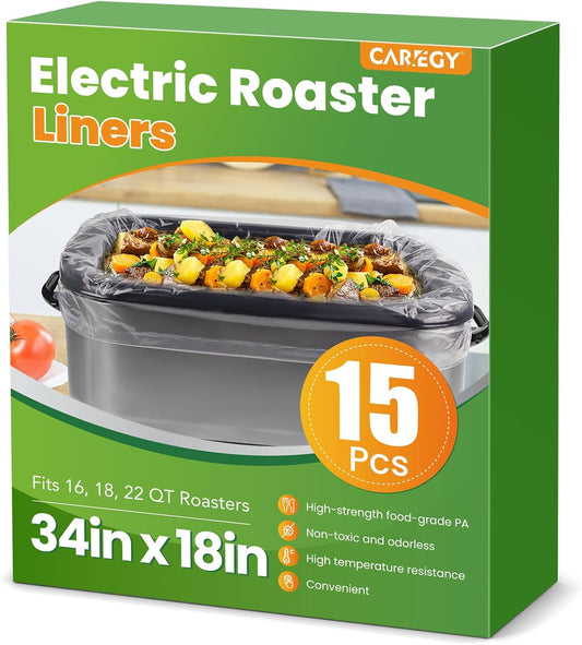 CAREGY Electric Roaster Liners 34 x 18 Inch 15 Counts Disposable Roaster Liners Fits 16, 18, 22 Quarts Roasters, Roasting Oven Liners Cooking Bags for Immediate Cleanup