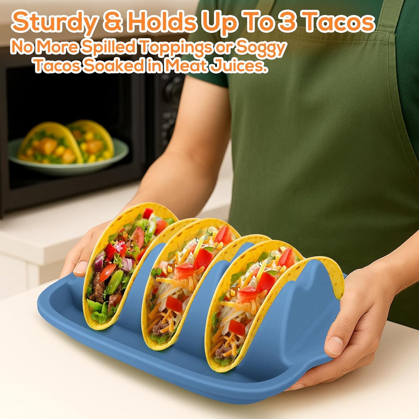 Silicone Taco Holders Set of 2 - Reusable Taco Stand with Dividers for Hard/Soft Shells, Microwave & Dishwasher Safe, Non-Slip Taco Serving Plates for Taco Tuesday, Party, Fiesta（white + navy）
