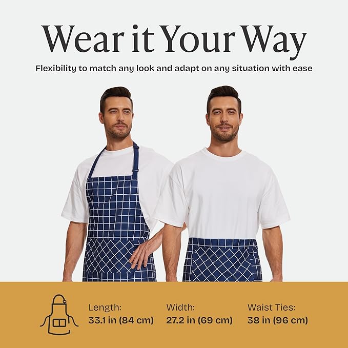 Will Well Kitchen Apron for Men and Women - 33" x 27" Oil-and-Water-Resistant with Adjustable Neck Strap and 38" Waist Ties for a Snug Fit, Lightweight with 2 Front Pockets - 1-Pack, Navy Checkered