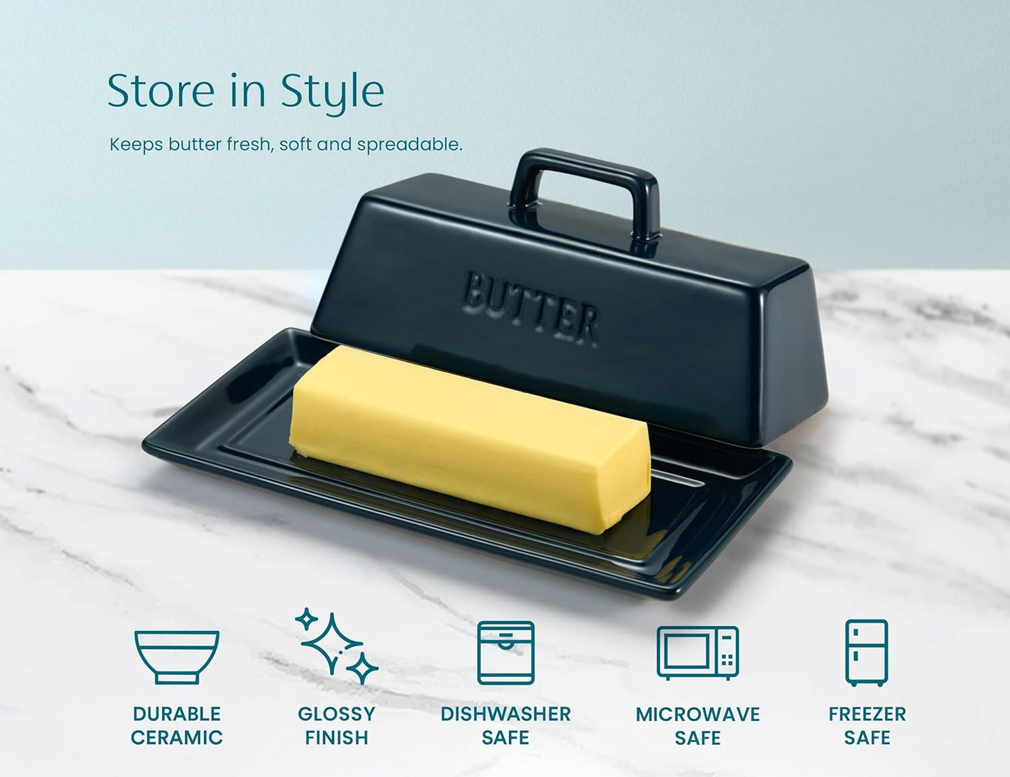 Kook Ceramic Butter Dish with Lid, Kitchen Countertop Butter Keeper, Serving Tray with Cover, Storage Container, Holds 1 Stick, Microwave and Dishwasher Safe, Navy Teal