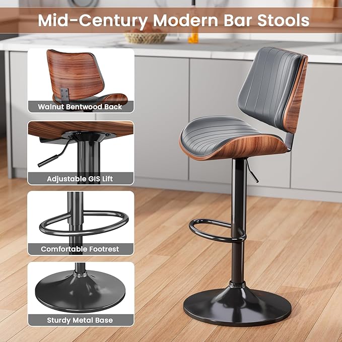 Swivel Bar Stools Set of 1, Adjustable Bentwood Barstools for Kitchen Counter, Modern PU Leather Upholstered Bar Chair with Back and Footrest, for Kitchen Island, Bar, Dining Room, Gray