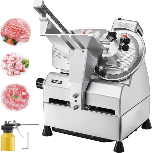 VEVOR Automatic Meat Slicer, 500W Electric Deli Slicer Machine with 10 inch Sharp 75Cr1 Steel Blade, 0-0.67 inch Adjustable Thickness, 633 RPM Fast Slicing, for Frozen Meat, Hard Cheese, and Bread