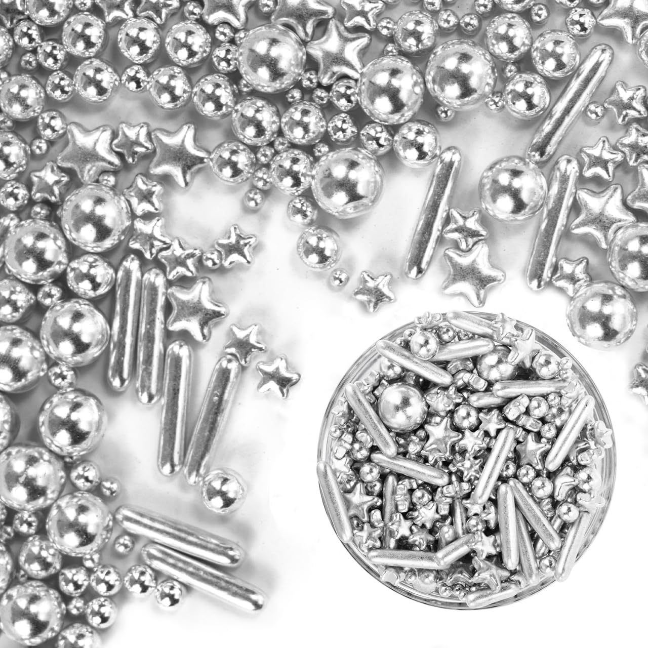 Dazzjoy Edible Silver Star Pearl Sprinkles, Ball Sugar Candy, Edible Silver Pearls for Cake Sprinkles, 130g/4.58oz, Cupcake & Cookies Topper Decoration, Wedding Party Halloween Christmas Supplies