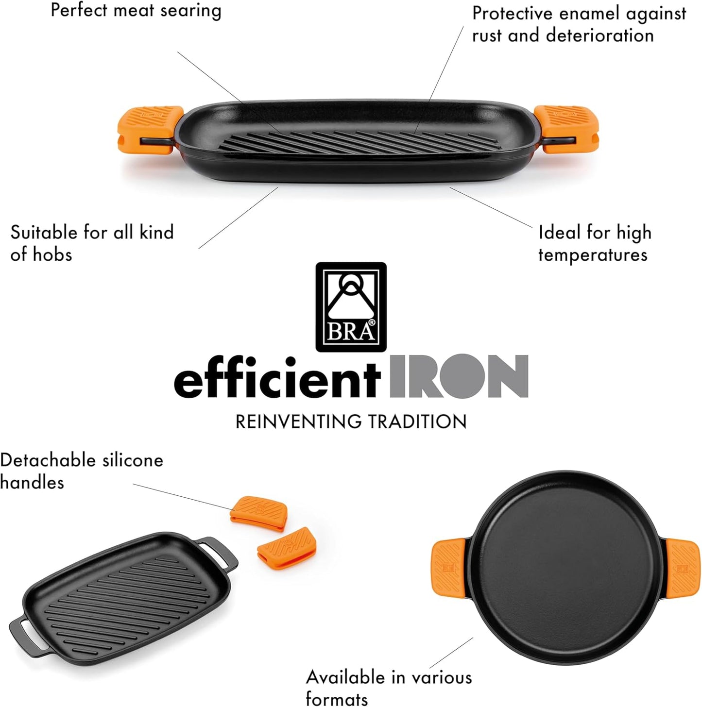 BRA COOKWARE Efficient Iron Round Smooth Grill | 12.6 inches Cast Iron Round Griddle | All Heat Sources Compatible | PFOA Free | Without Non-Stick | Silicon Handle | Non Deformable